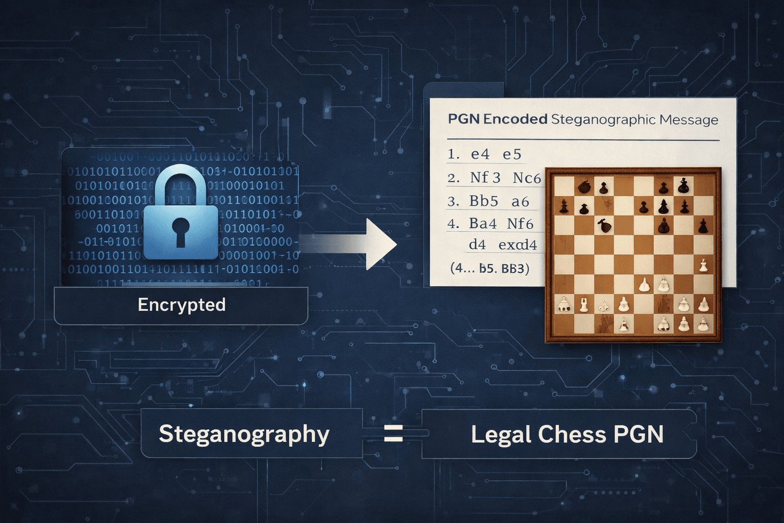 Encoding Encrypted Messages Inside Legal Chess Games Using PGN